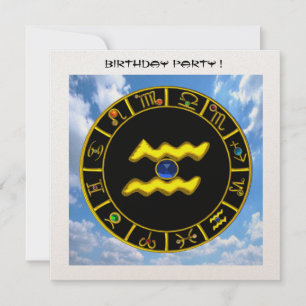 INVITACIÓN AQUARIUS.GOLD ZODIAC RÓTULO DE CUMPLEAÑOS, GRÁFICO