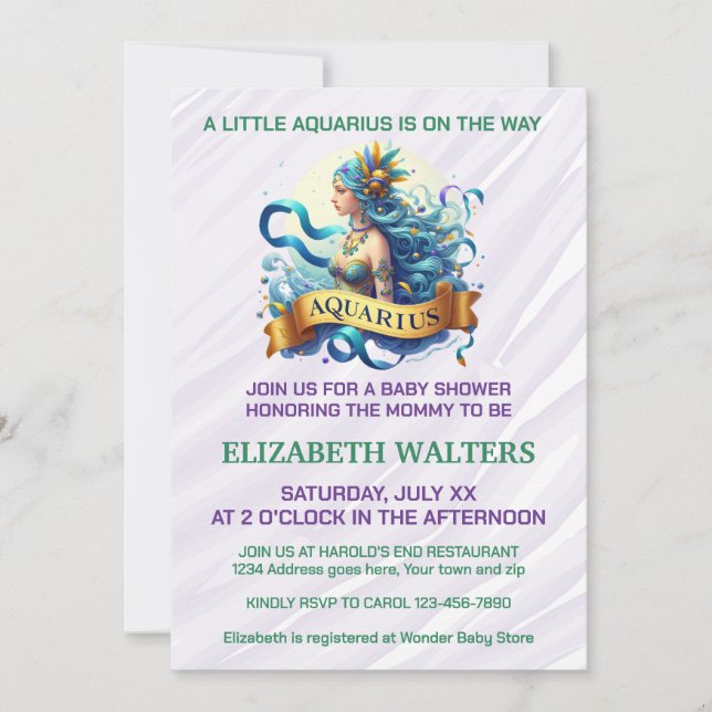Invitación Aquarius Zodiac Baby Shower Lavender and Green (Anverso)