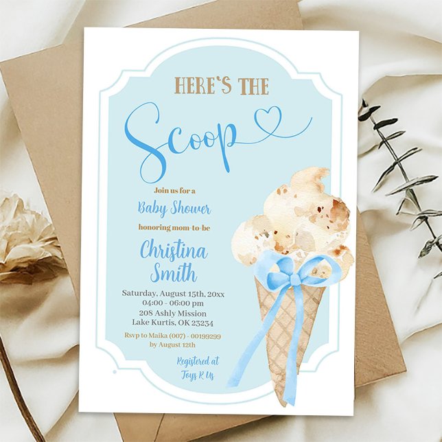 Invitación Aquí está el Baby Shower azul Scoop Ice Cream (Subido por el creador)