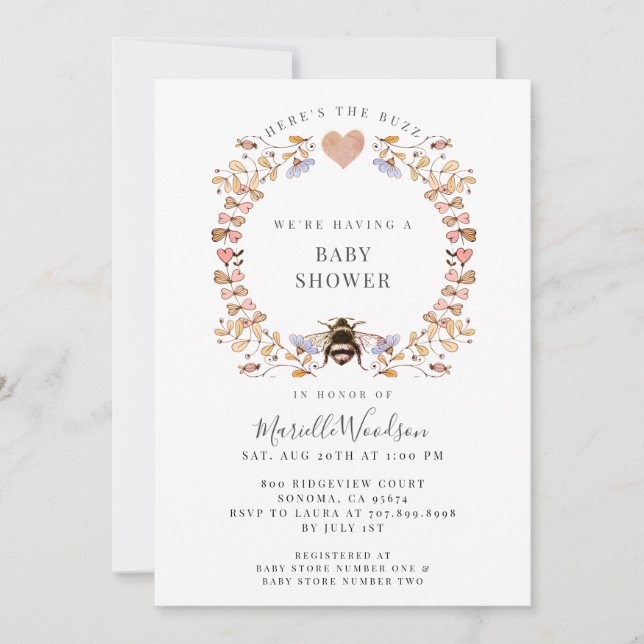 Invitación Aquí está el Baby Shower de Buzz Floral Heart Bee (Anverso)