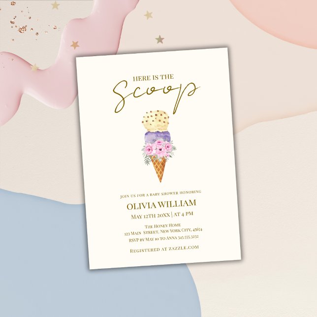 Invitación Aquí está el Baby Shower de Scoop Floral Ice Cream (Here's The Scoop Floral Ice Cream Baby Shower Invitation)