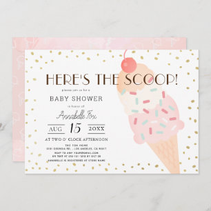 Invitación Aquí está el Baby Shower del Chica rosado Scoop Ic