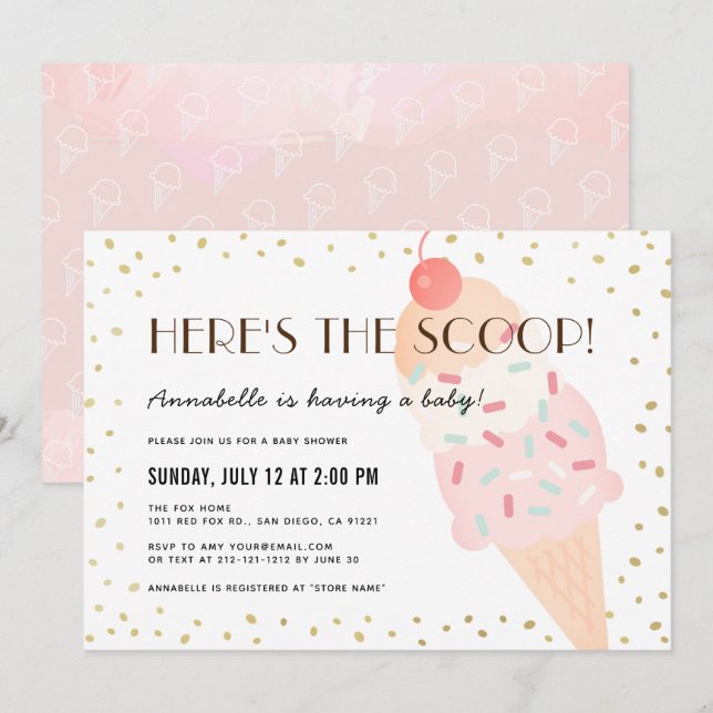 Invitación Aquí está el Baby Shower del Chica rosado Scoop Ic (Anverso / Reverso)