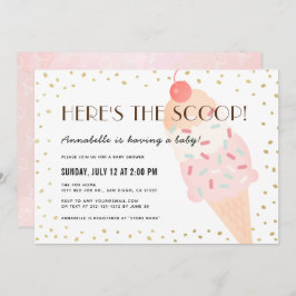 Invitación Aquí está el Baby Shower del Chica rosado Scoop Ic