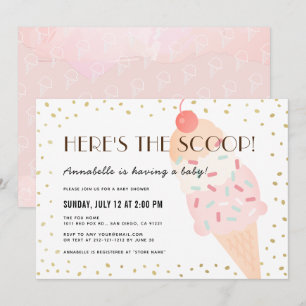 Invitación Aquí está el Baby Shower del Chica rosado Scoop Ic