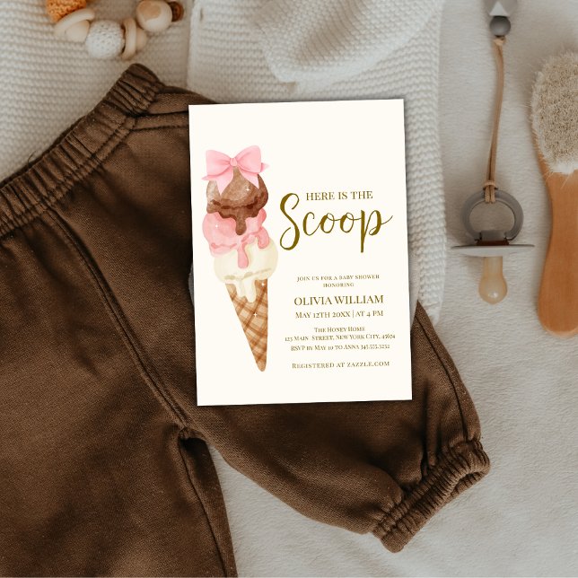 Invitación Aquí está el Baby Shower del Crema de Hielo Scoop  (Here's The Scoop Bow Ice Cream Baby Shower Invitation)