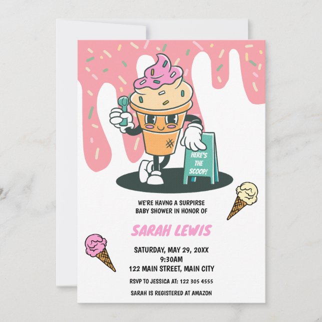 Invitación Aquí está el Baby Shower del Scoop Ice Cream (Anverso)