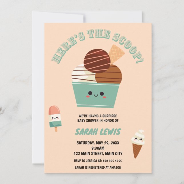 Invitación Aquí está el Baby Shower del Scoop Ice Cream (Anverso)