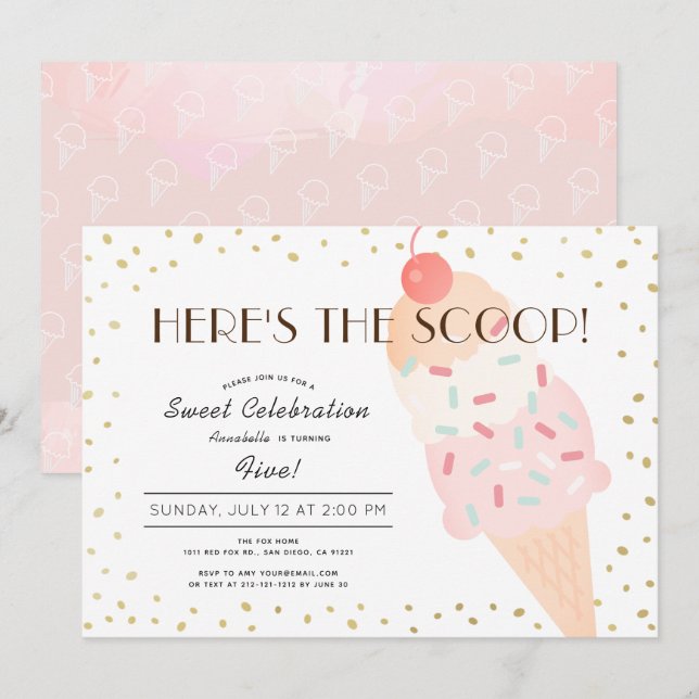 Invitación Aquí está el cumpleaños del Chica de oro rosado de (Anverso / Reverso)