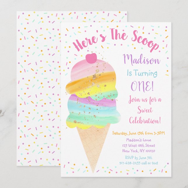 Invitación Aquí está el cumpleaños del Crema de Hielo Arcoiri (Anverso / Reverso)