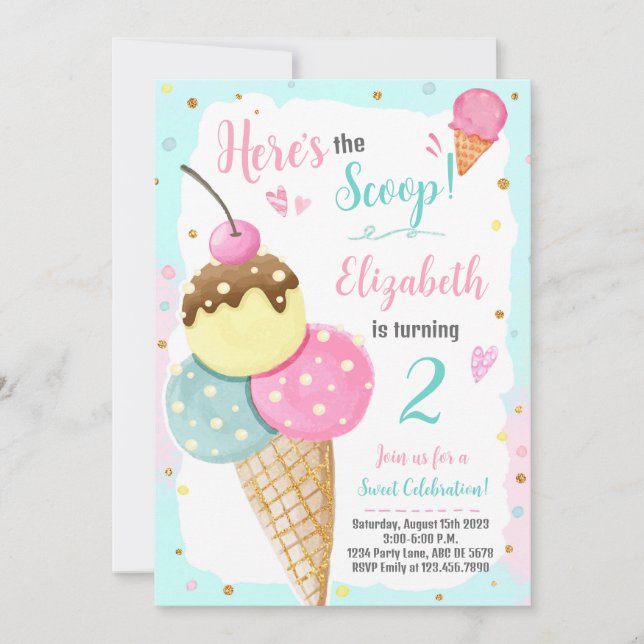Invitación Aquí está el cumpleaños del Crema de Hielo Scoop (Anverso)