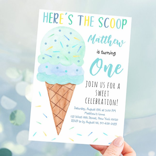 Invitación Aquí está el cumpleaños del crema de hielo Scoop B (Subido por el creador)