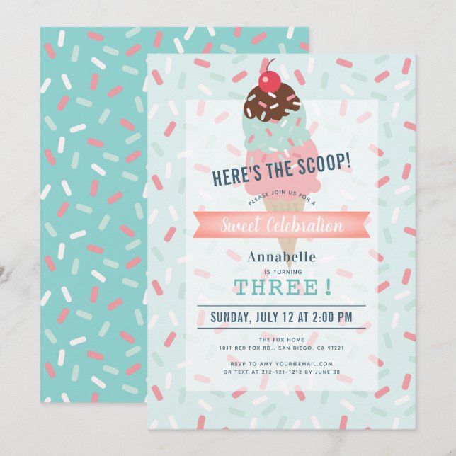 Invitación Aquí está el cumpleaños del Crema Verde de Hielo S (Anverso / Reverso)