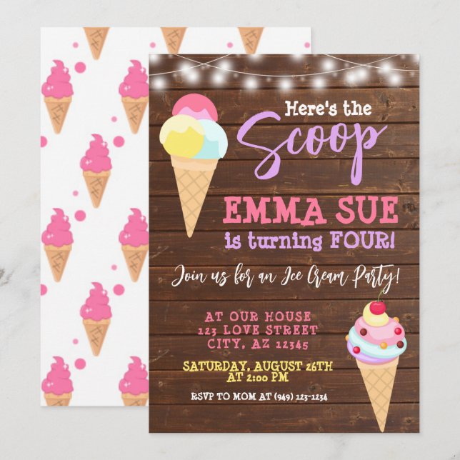 Invitación Aquí está el cumpleaños del Fiesta Scoop Ice Cream (Anverso / Reverso)