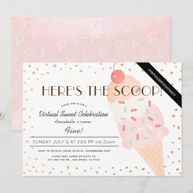 Invitación Aquí está el cumpleaños virtual rosado del Crema d (Anverso / Reverso)