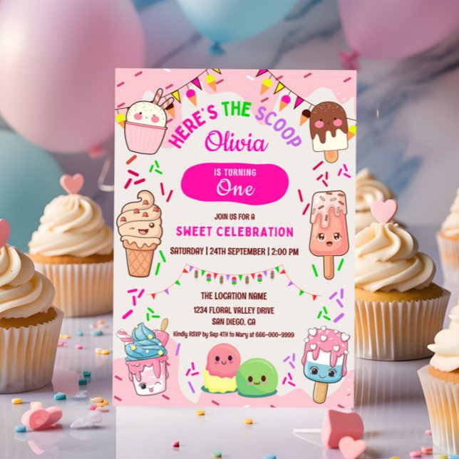 Invitación Aquí está el Fiesta del primer cumpleaños de Scoop (Kawaii Ice cream 1st Birthday Party Invitation)