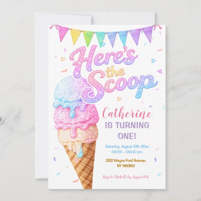 Invitación Aquí está el Helado Cumpleaños Brillante (Anverso)