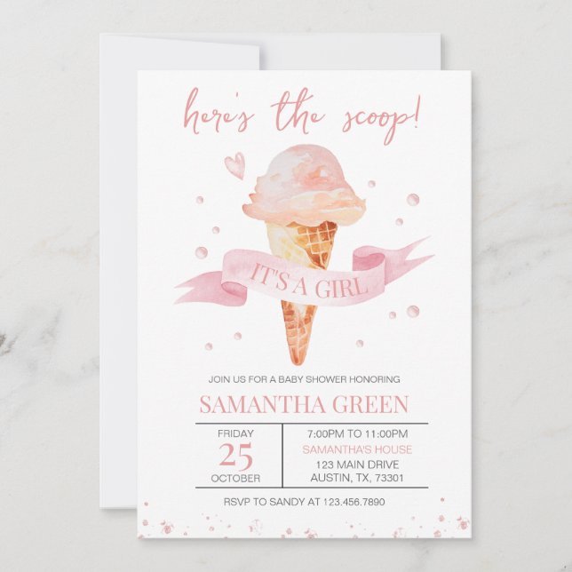 Invitación Aquí está el Scoop Es un Baby Shower Chica (Anverso)