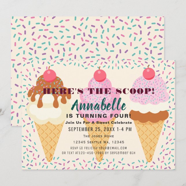 Invitación Aquí está el Scoop Ice Cream Kids Birthday Fiesta  (Anverso / Reverso)