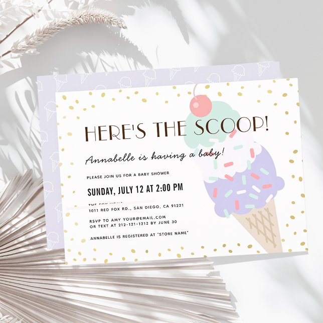 Invitación Aquí está el Scoop Ice Cream Purple Baby Shower (Subido por el creador)