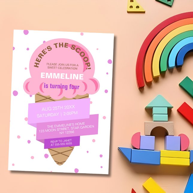 Invitación Aquí Está La Cucharada Helado Dulce Cumpleaños Ros (Subido por el creador)