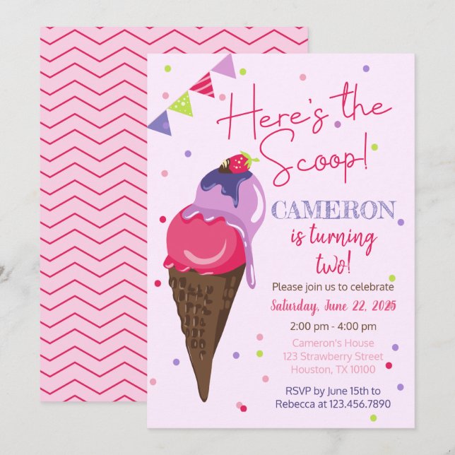 Invitación Aquí está la fiesta de cumpleaños del helado de Sc (Anverso / Reverso)