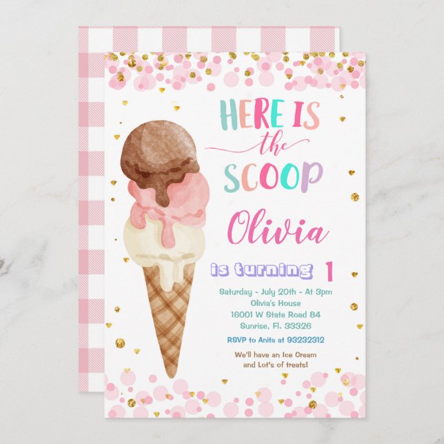 Invitación Aquí está la fiesta de cumpleaños del Scoops Cone  (Anverso / Reverso)