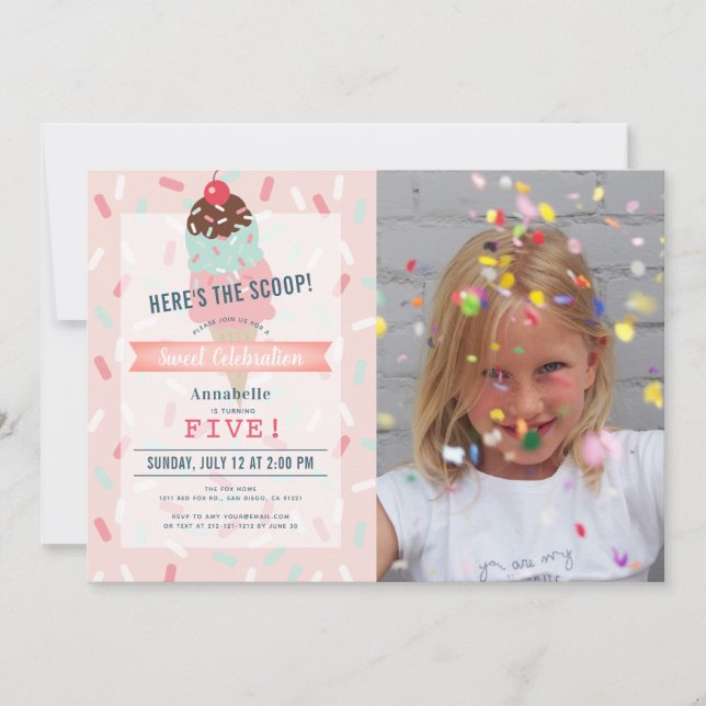 Invitación Aquí está la foto de Scoop Pink Ice Cream Cumpleañ (Anverso)