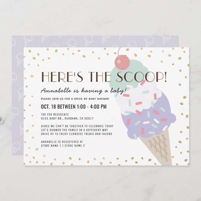 Invitación Aquí está la unidad Scoop Ice Cream de Baby Shower (Anverso / Reverso)