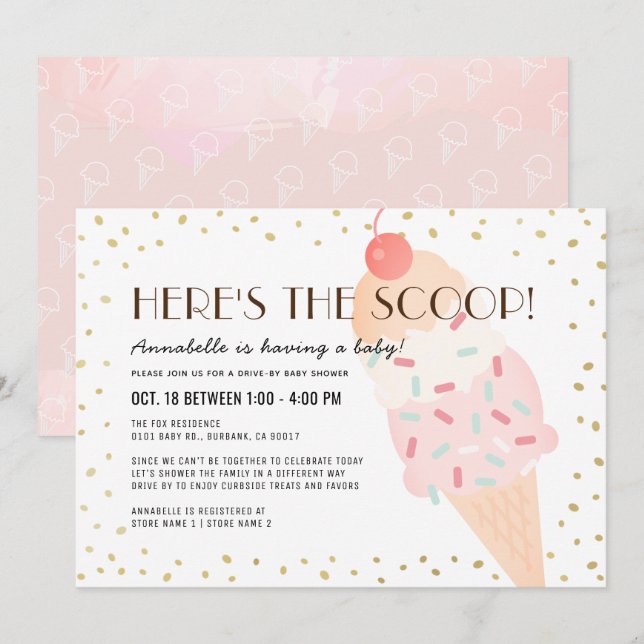 Invitación Aquí está la unidad Scoop Ice Cream de Baby Shower (Anverso / Reverso)
