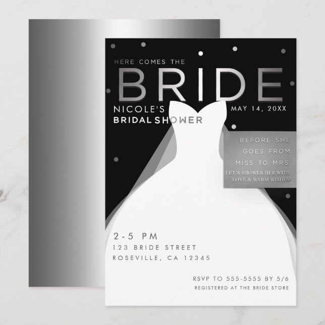 Invitación Aquí viene BRIDE Black Silver White Bridal Shower (Anverso / Reverso)