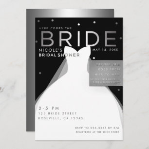 Invitación Aquí viene BRIDE Black Silver White Bridal Shower