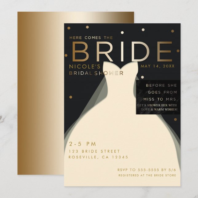 Invitación Aquí viene BRIDE Cream Black Gold Bridal Shower (Anverso / Reverso)