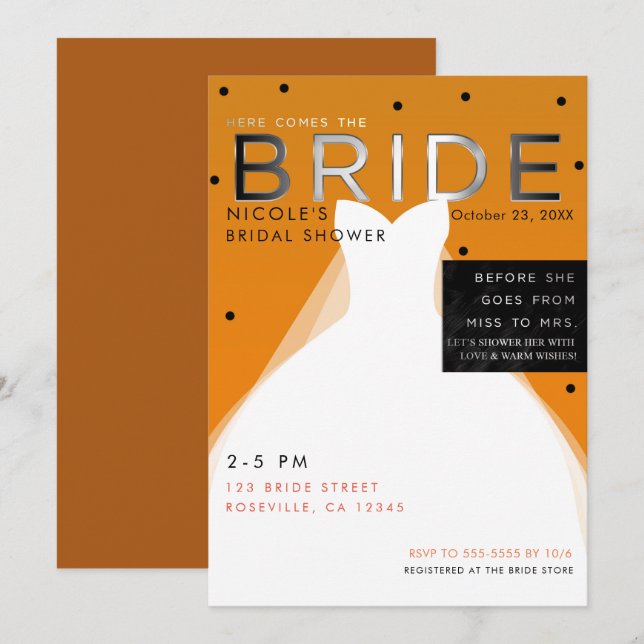 Invitación Aquí viene BRIDE Halloween Naranja Bridal Shower (Anverso / Reverso)