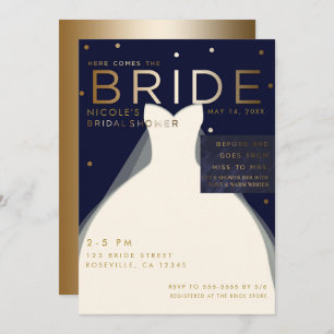 Invitación Aquí viene BRIDE Marina Blue & Gold Bridal Shower