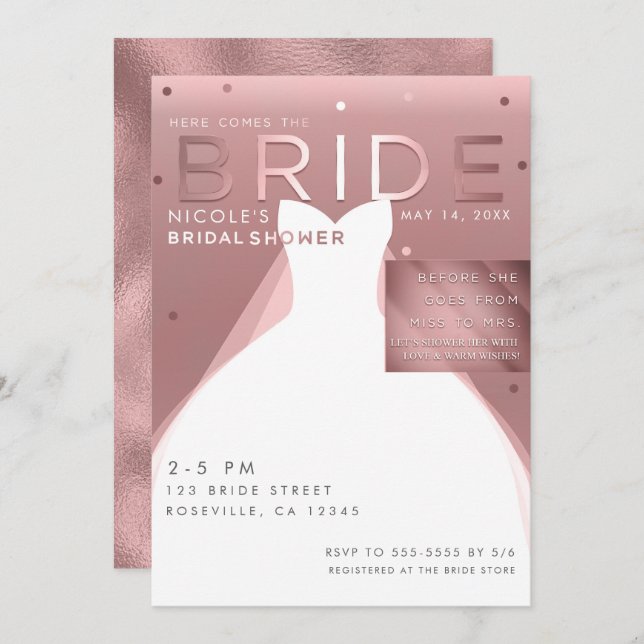 Invitación Aquí viene BRIDE Rosa Gold Glam Moda Bridal Shower (Anverso / Reverso)