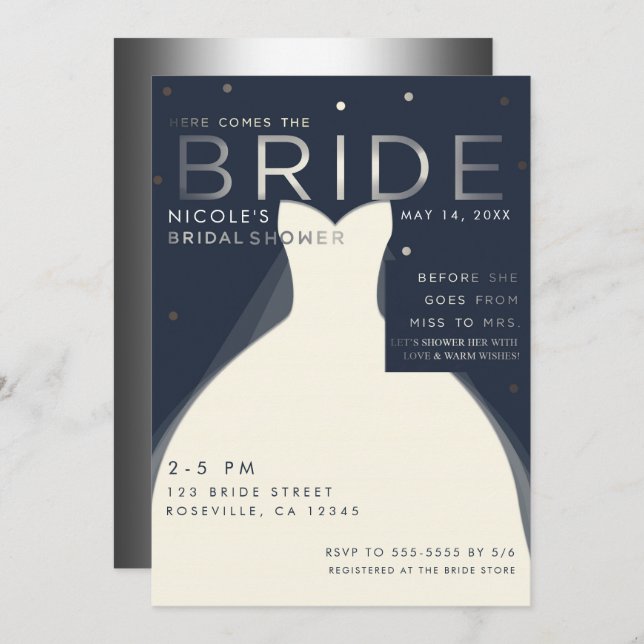 Invitación Aquí viene BRIDE Silver y Blue Moda Bridal Shower (Anverso / Reverso)