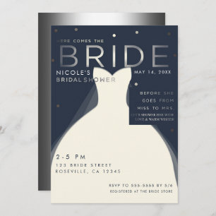 Invitación Aquí viene BRIDE Silver y Blue Moda Bridal Shower