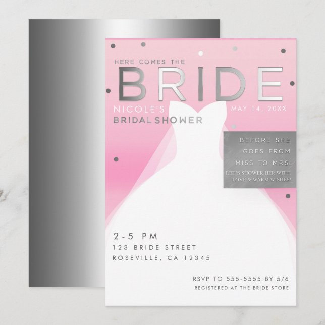 Invitación Aquí viene BRIDE Silver y Pink Moda Bridal Shower (Anverso / Reverso)