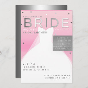 Invitación Aquí viene BRIDE Silver y Pink Moda Bridal Shower