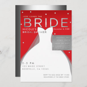 Invitación Aquí viene BRIDE Silver y Red Moda Bridal Shower