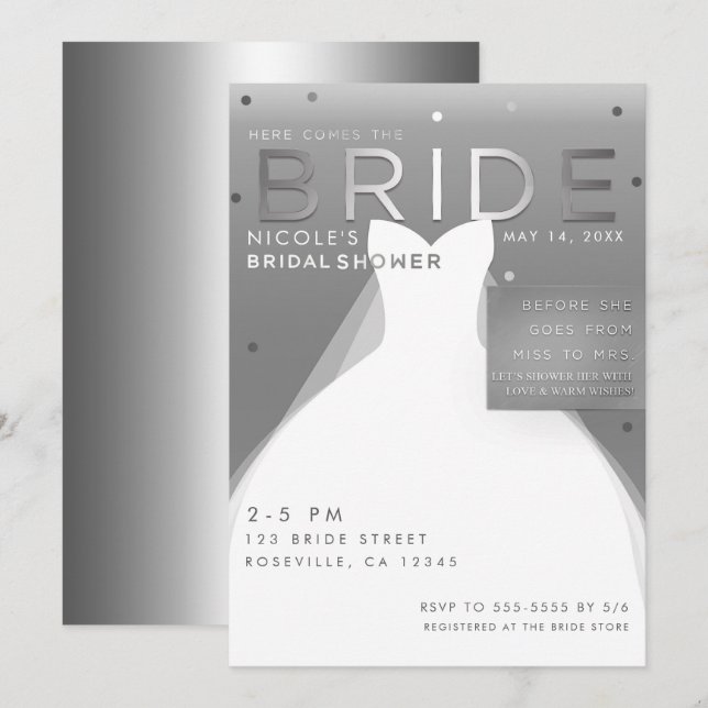 Invitación Aquí viene BRIDE Silver y White Moda Bridal Shower (Anverso / Reverso)