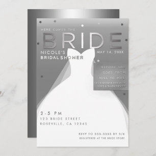Invitación Aquí viene BRIDE Silver y White Moda Bridal Shower