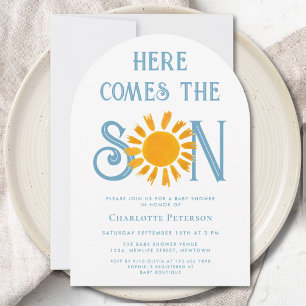 Invitación Aquí viene el arco de Baby Shower del niño