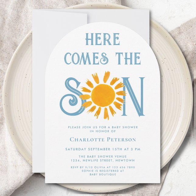 Invitación Aquí viene el arco de Baby Shower del niño (Subido por el creador)