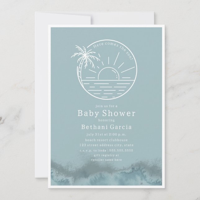 Invitación Aquí Viene El Baby Shower Azul De Son Beach Surf (Anverso)