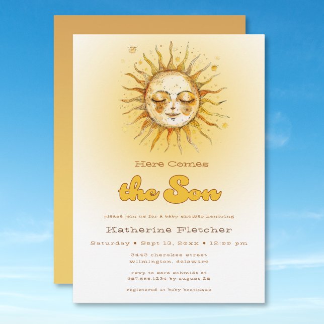 Invitación Aquí viene el Baby Shower Celestial del hijo (Here Comes the Son Celestial Baby Shower Invitation)