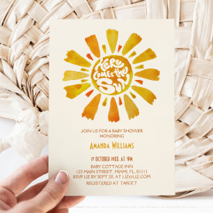 Invitación Aquí Viene El Baby Shower De La Acuarela Del Sol