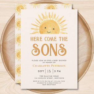 Invitación Aquí viene el Baby Shower de los gemelos hijos Sun