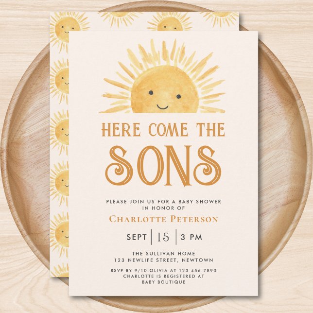 Invitación Aquí viene el Baby Shower de los gemelos hijos Sun (Subido por el creador)